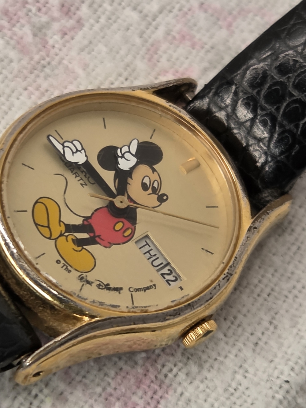 Seiko Gold-Tone Mickey Mouse Dial Watch with Black Strap